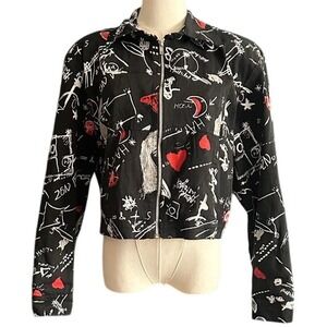 Vintage Frankie B. Y2K Graffiti Print Zip Up Crop Jacket XL Made in USA
